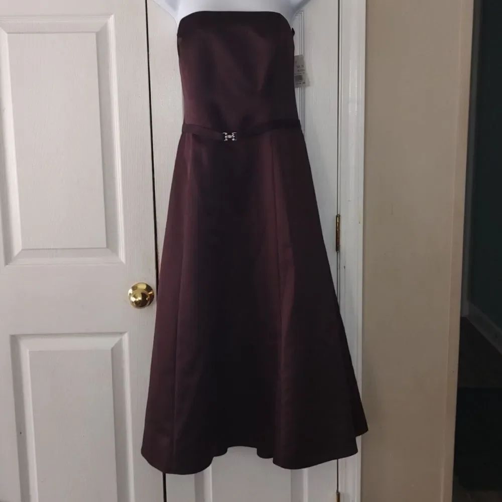 Michaelangelo strapless brown belted tea length prom formal ball dress Sz 12 NWT